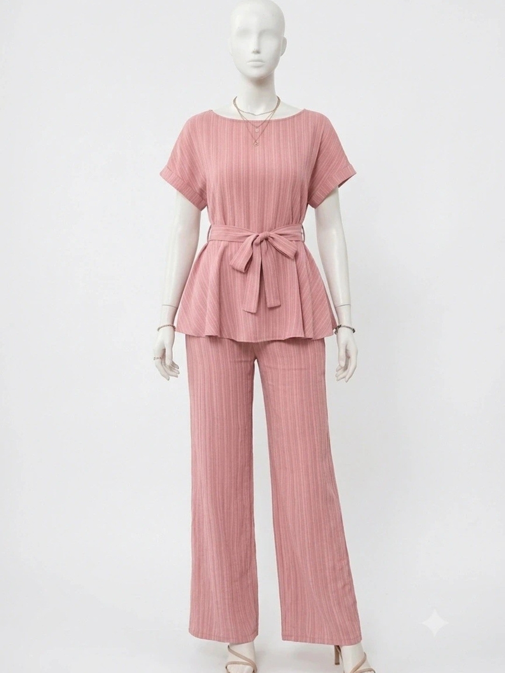 Source Unknown Blush Pink Ribbed Wide-Leg Set with Tie Waist